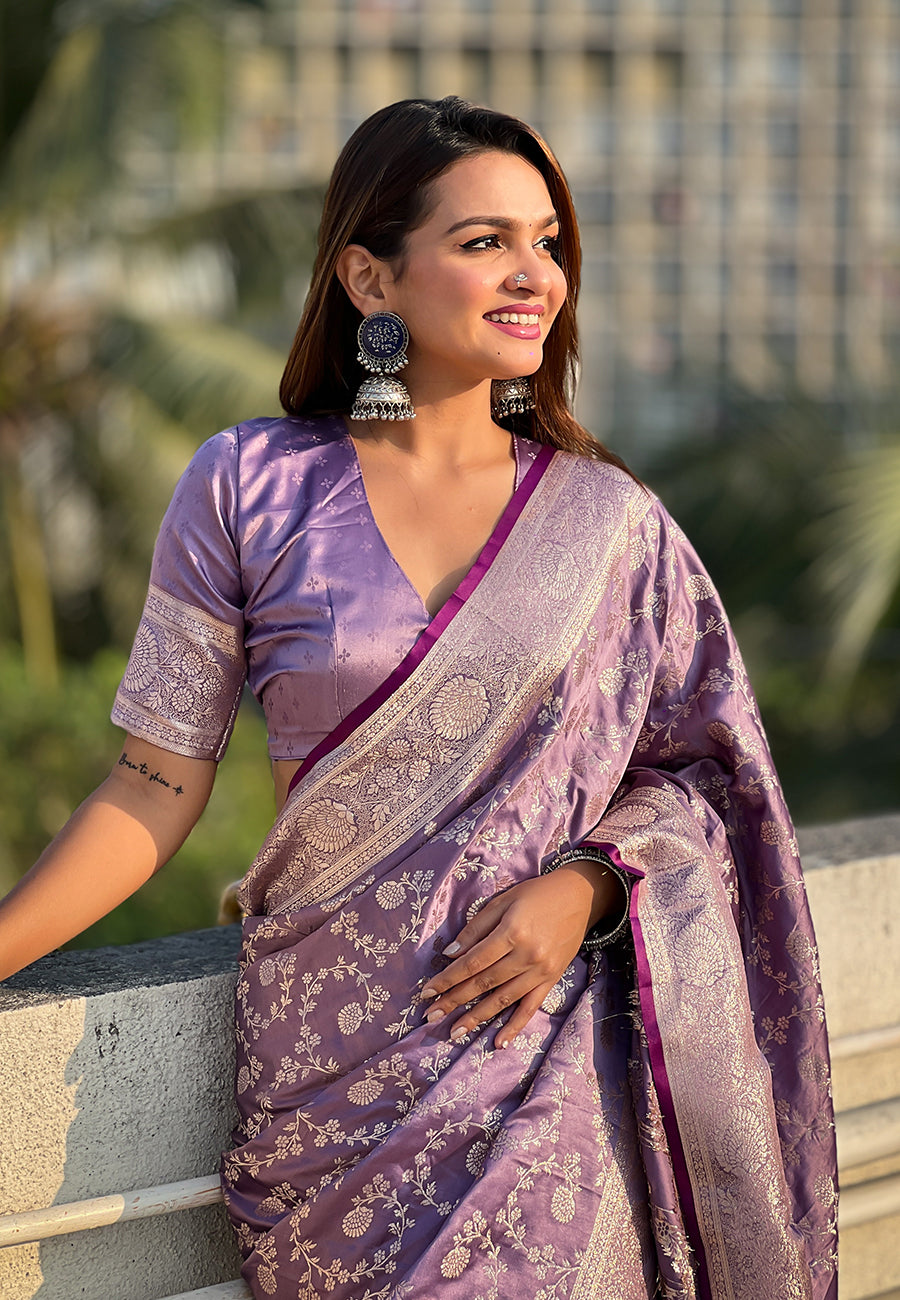 Lavender Banarasi Satin Silk Zari Banarasi Saree Panetar Saree Anant Tex Exports Pvt.Ltd..