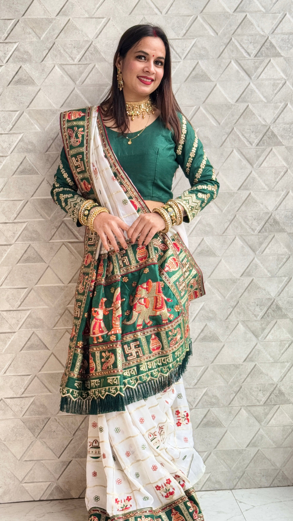 White Green Pure Soft Silk Panter Patola Embroiderd Panter Patola Saree