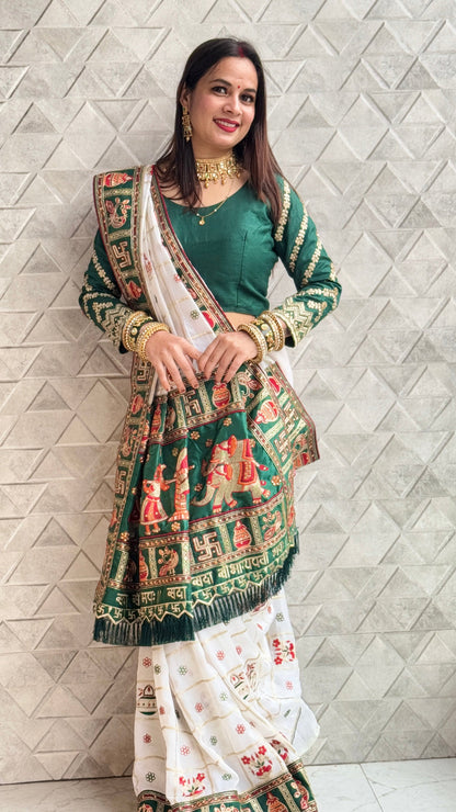 White Green Pure Soft Silk Panter Patola Embroiderd Panter Patola Saree