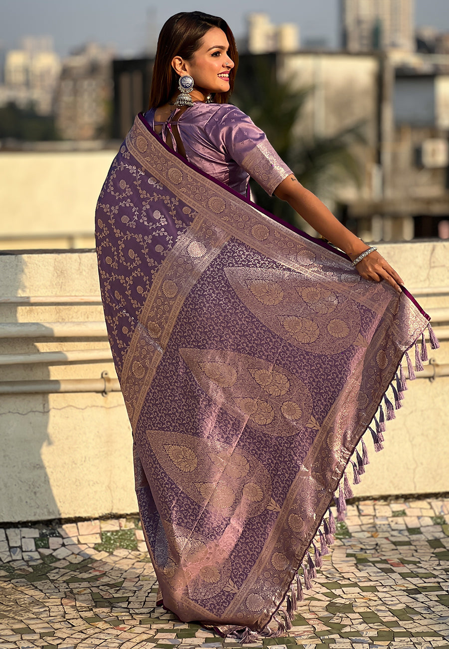 Lavender Banarasi Satin Silk Zari Banarasi Saree Panetar Saree Anant Tex Exports Pvt.Ltd..