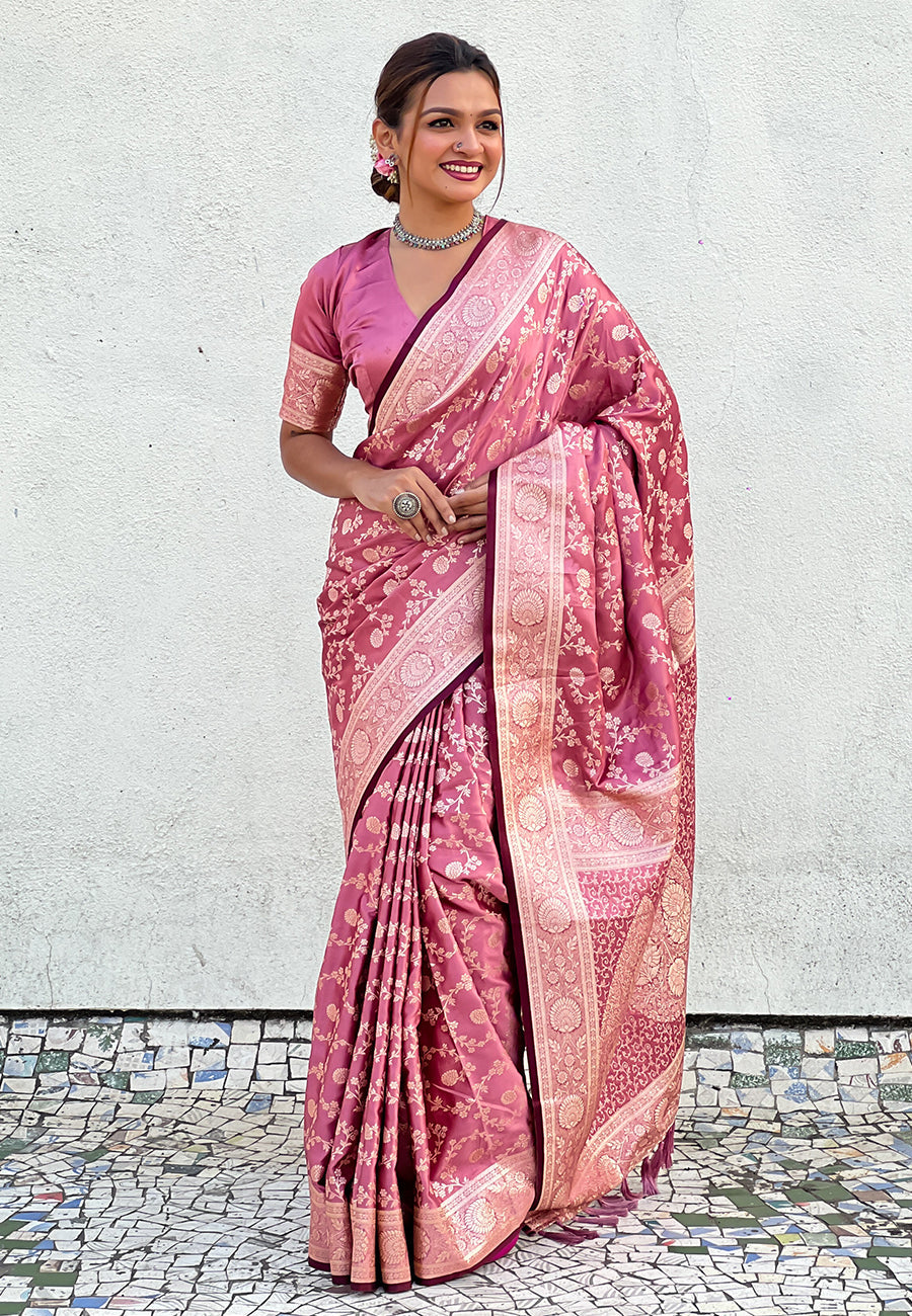 Pink Banarasi Satin Silk Zari Banarasi Saree