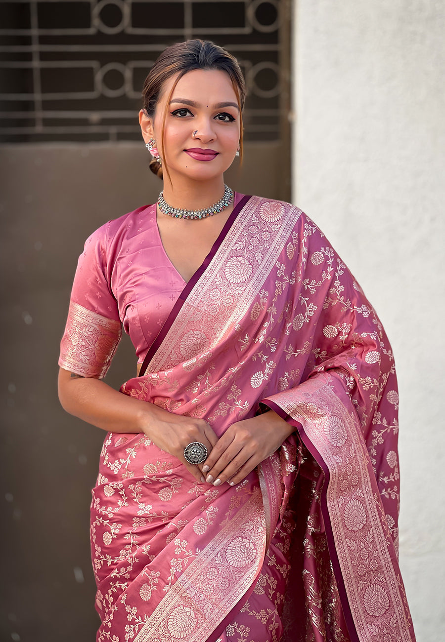 Pink Banarasi Satin Silk Zari Banarasi Saree