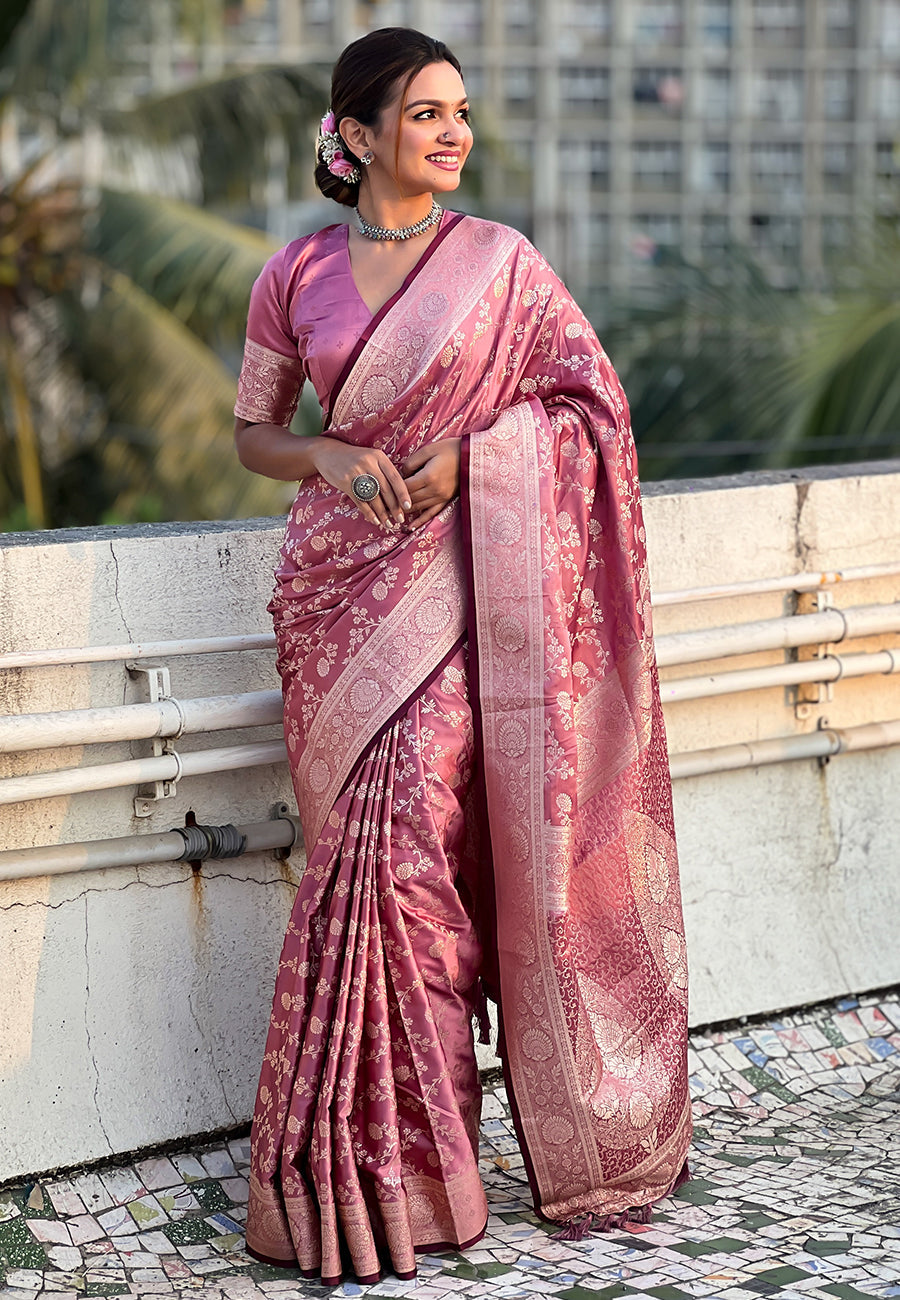 Pink Banarasi Satin Silk Zari Banarasi Saree