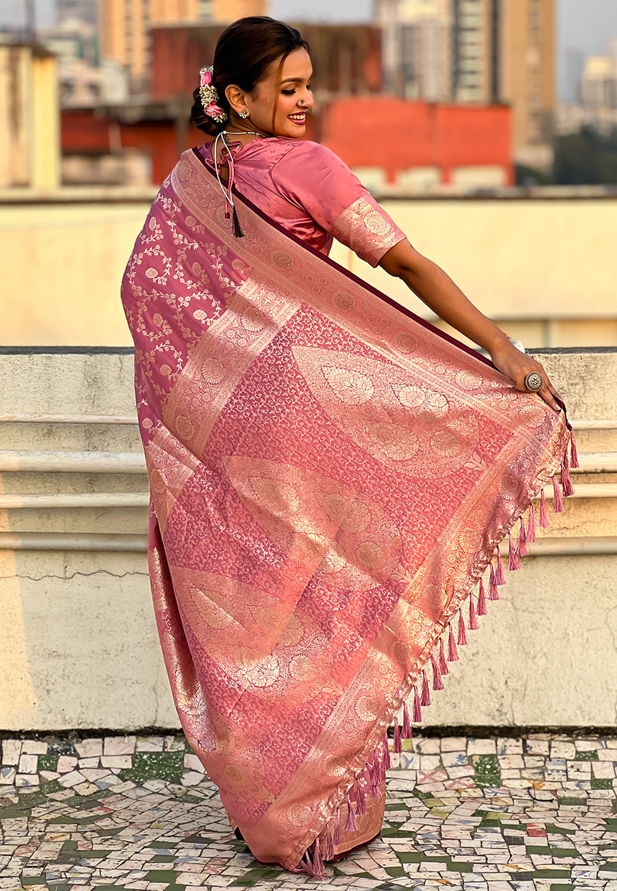 Pink Banarasi Satin Silk Zari Banarasi Saree