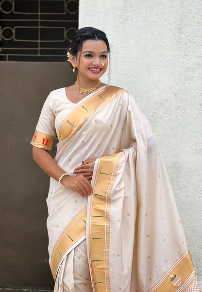 Cream Zari Woven Mahalaxmi God Paithani Silk Saree Paithani Saree Anant Tex Exports Pvt.Ltd..
