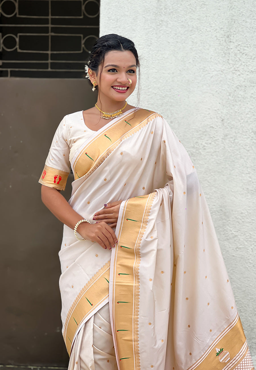 Cream Zari Woven Mahalaxmi God Paithani Silk Saree
