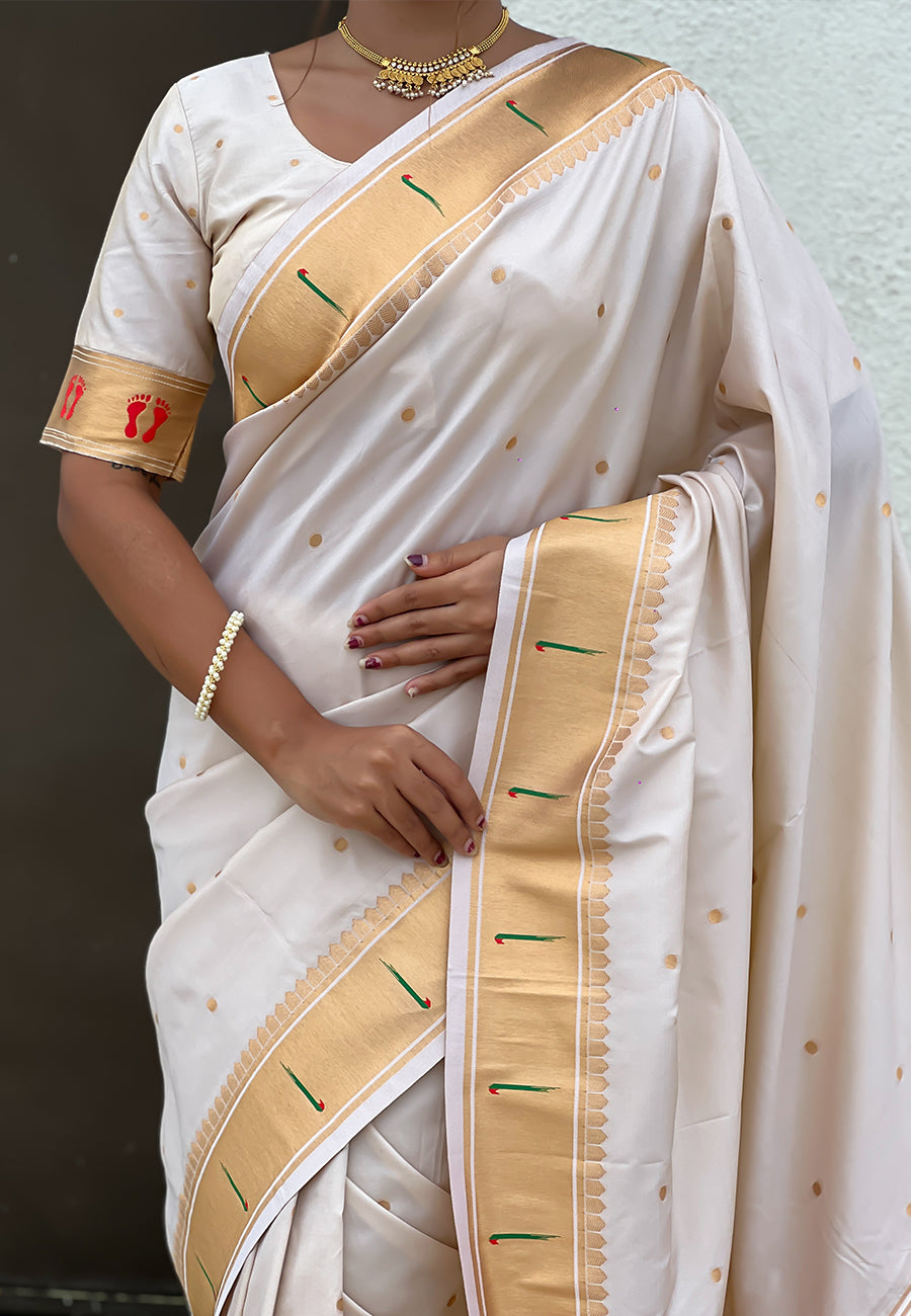 Cream Zari Woven Mahalaxmi God Paithani Silk Saree