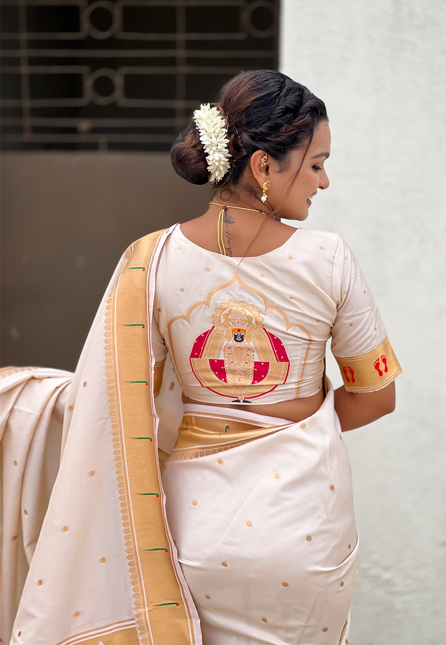 Cream Zari Woven Mahalaxmi God Paithani Silk Saree
