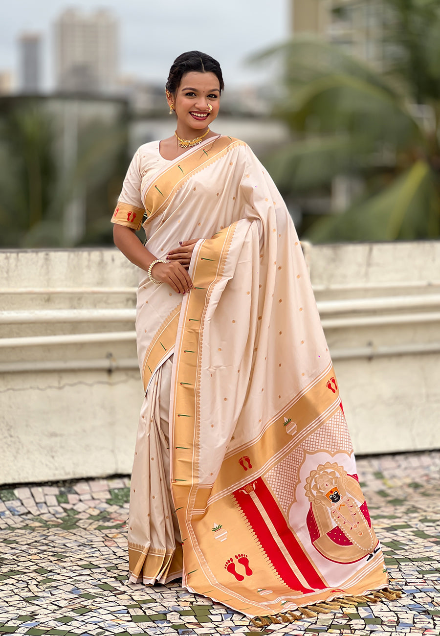 Cream Zari Woven Mahalaxmi God Paithani Silk Saree