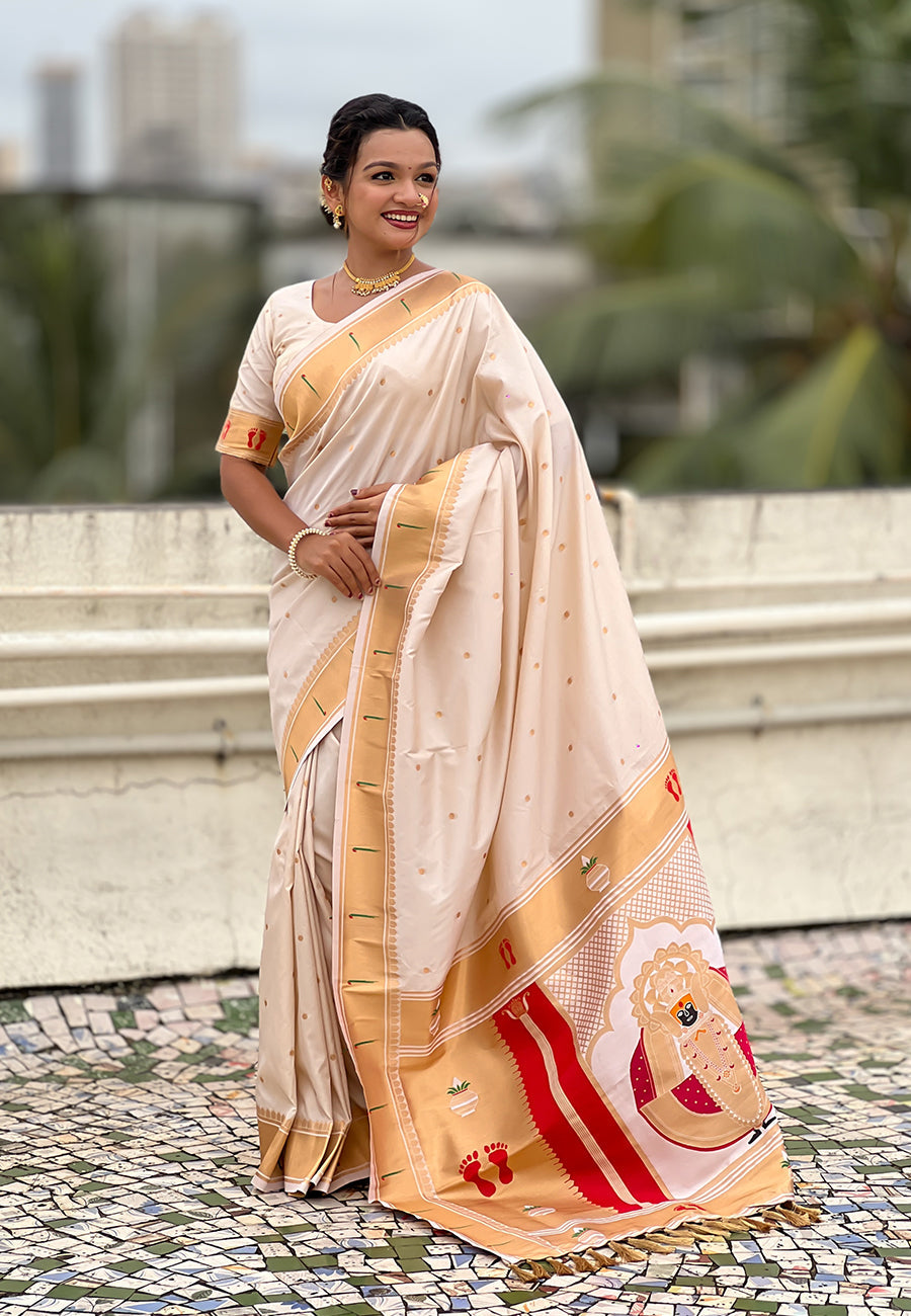 Cream Zari Woven Mahalaxmi God Paithani Silk Saree