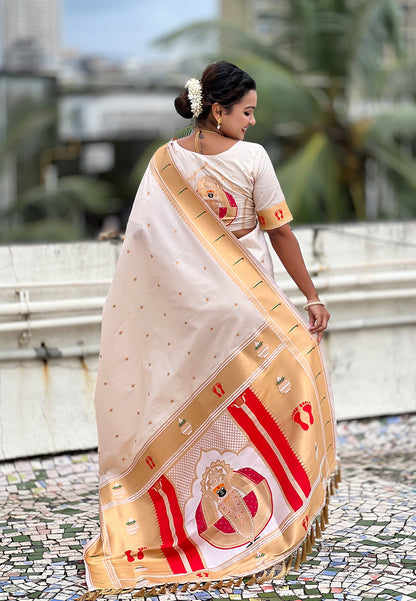Cream Zari Woven Mahalaxmi God Paithani Silk Saree Paithani Saree Anant Tex Exports Pvt.Ltd..