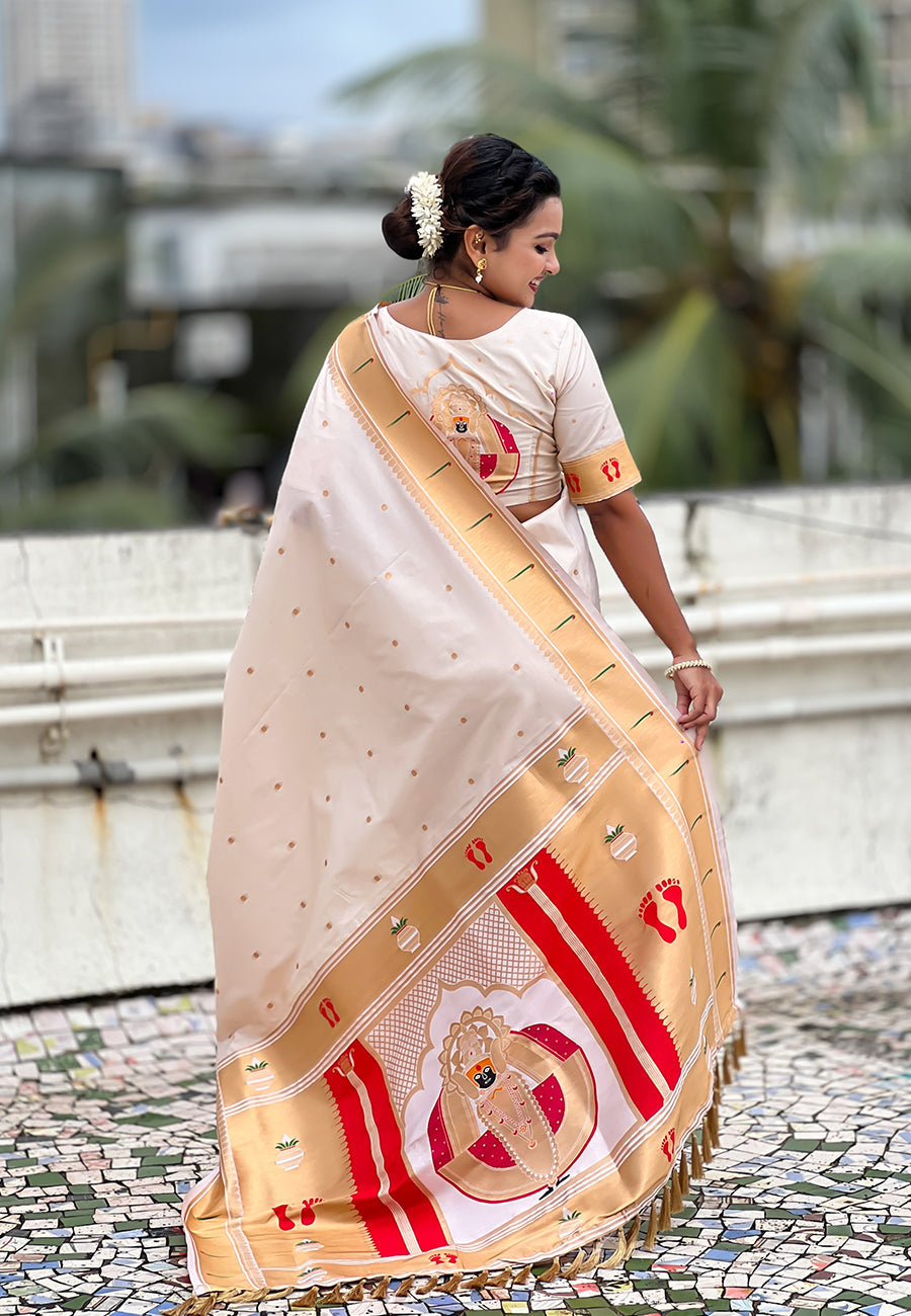 Cream Zari Woven Mahalaxmi God Paithani Silk Saree