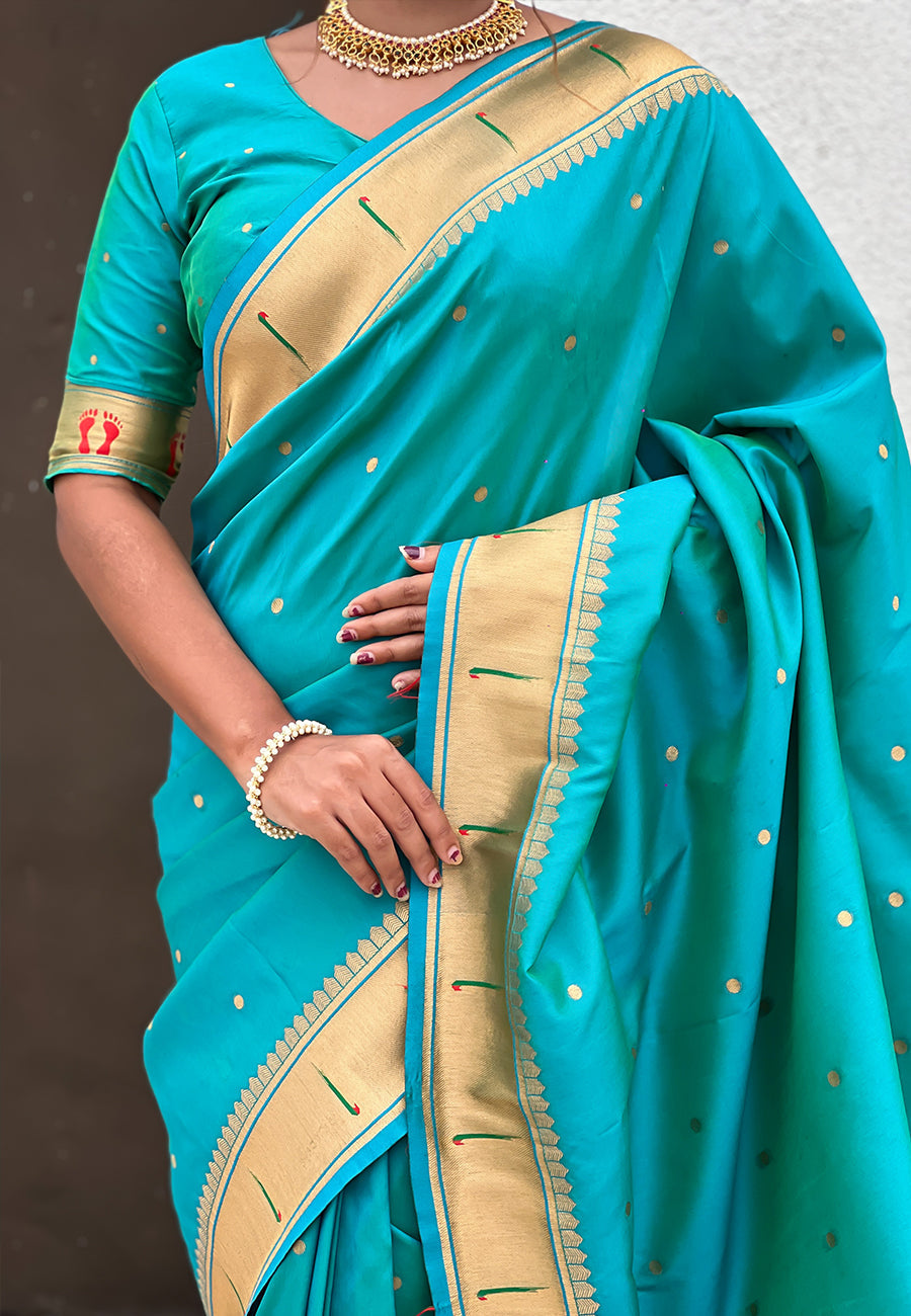 Aqua Blue Zari Woven Mahalaxmi God Paithani Silk Saree