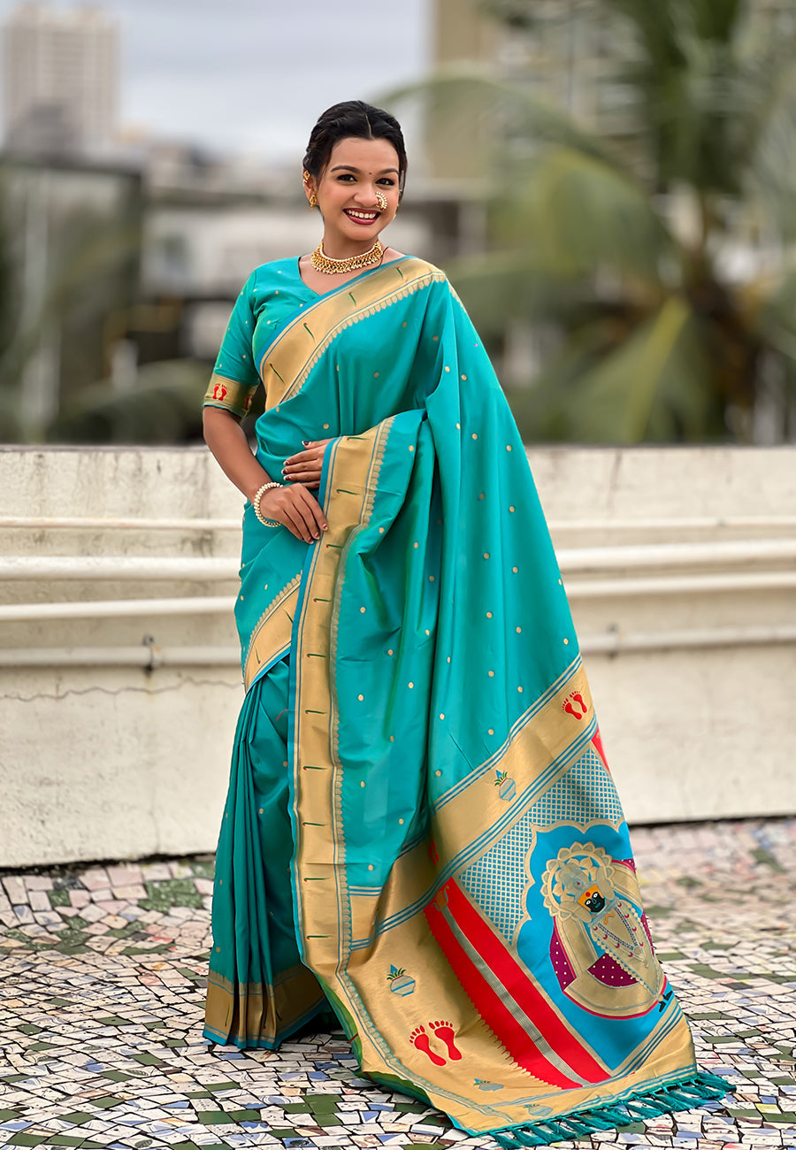 Aqua Blue Zari Woven Mahalaxmi God Paithani Silk Saree Paithani Saree Anant Tex Exports Pvt.Ltd..
