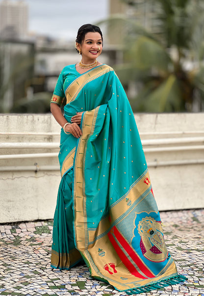 Aqua Blue Zari Woven Mahalaxmi God Paithani Silk Saree Paithani Saree Anant Tex Exports Pvt.Ltd..