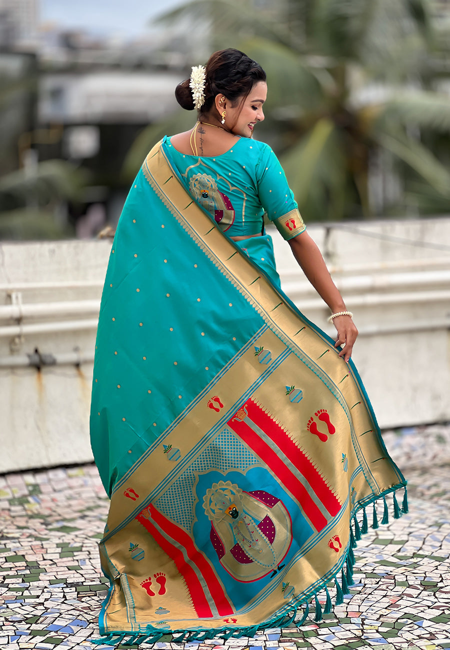 Aqua Blue Zari Woven Mahalaxmi God Paithani Silk Saree