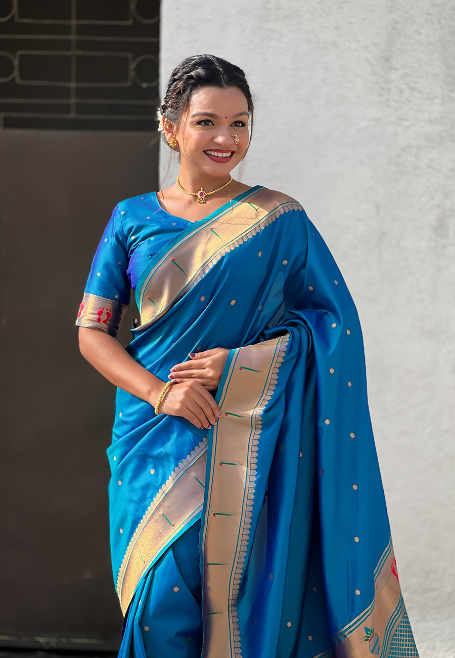 Blue Green Zari Woven Mahalaxmi God Paithani Silk Saree