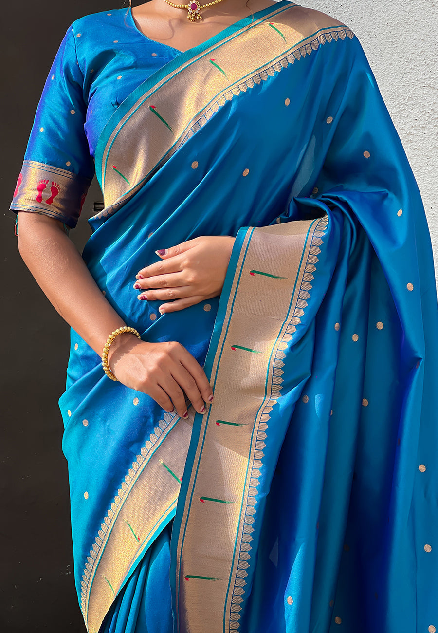 Blue Green Zari Woven Mahalaxmi God Paithani Silk Saree