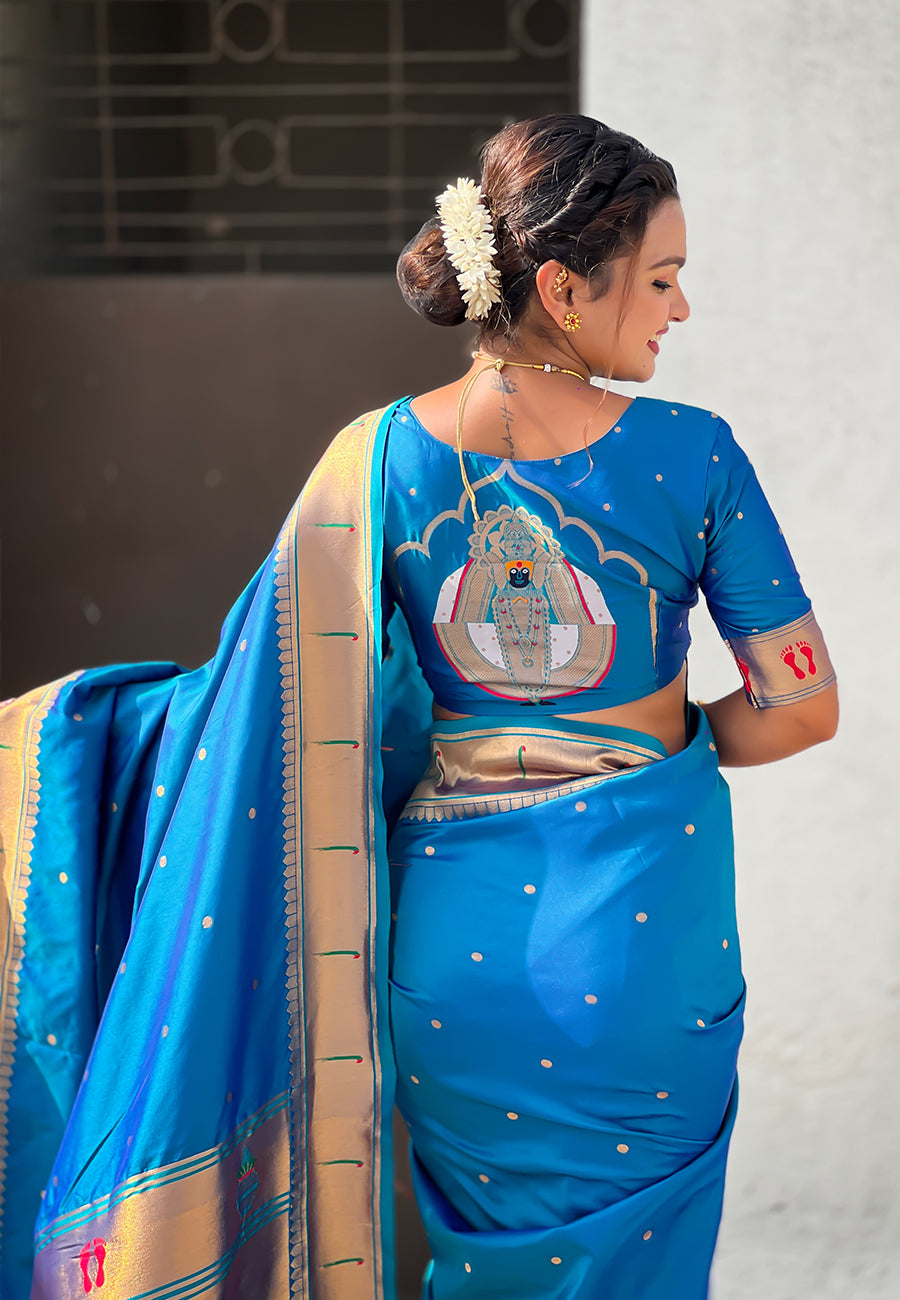 Blue Green Zari Woven Mahalaxmi God Paithani Silk Saree