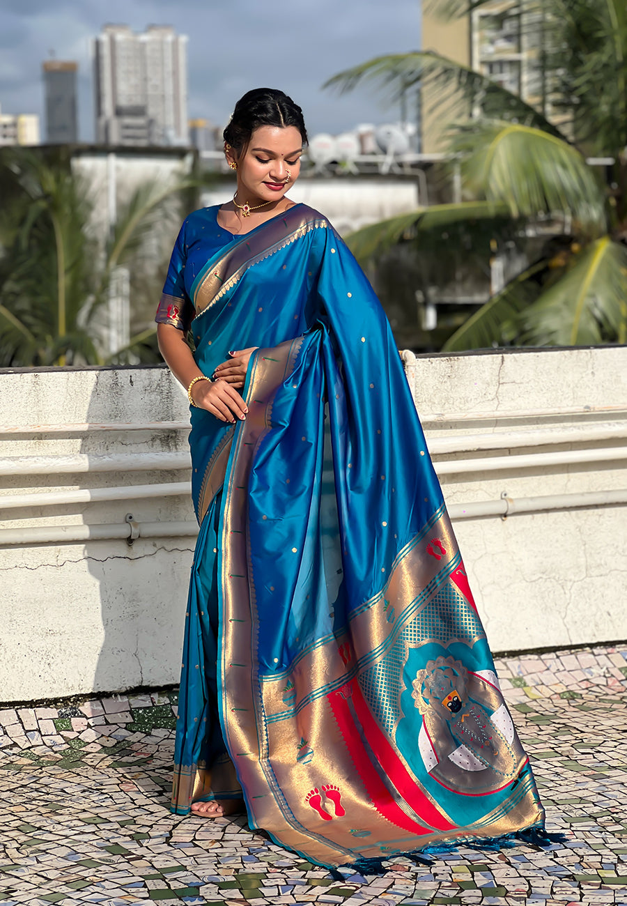 Blue Green Zari Woven Mahalaxmi God Paithani Silk Saree