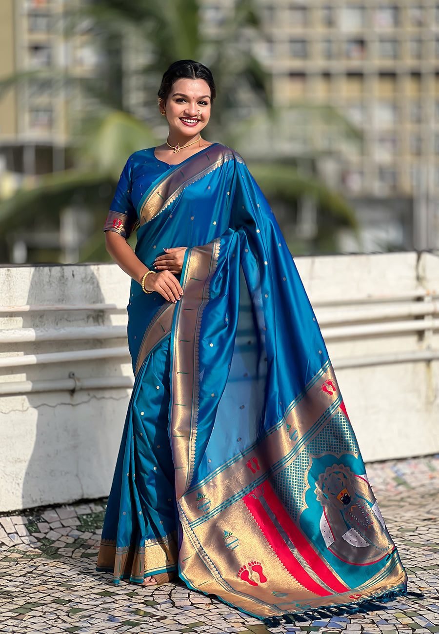 Blue Green Zari Woven Mahalaxmi God Paithani Silk Saree