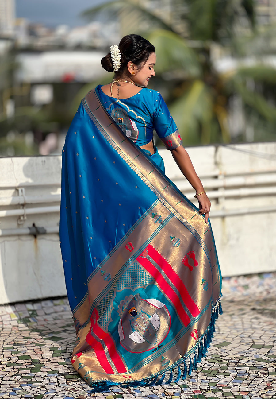 Blue Green Zari Woven Mahalaxmi God Paithani Silk Saree