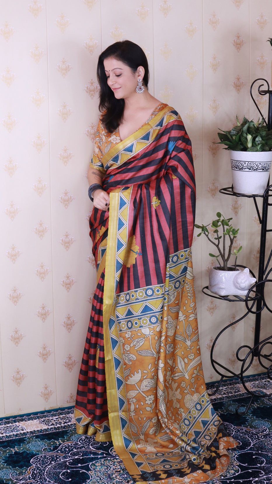 Red Soft Tussar Silk Striped Traditional Printed Zari Tussar Saree Tussar Saree Anant Tex Exports Pvt.Ltd..