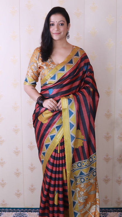 Red Soft Tussar Silk Striped Traditional Printed Zari Tussar Saree Tussar Saree Anant Tex Exports Pvt.Ltd..