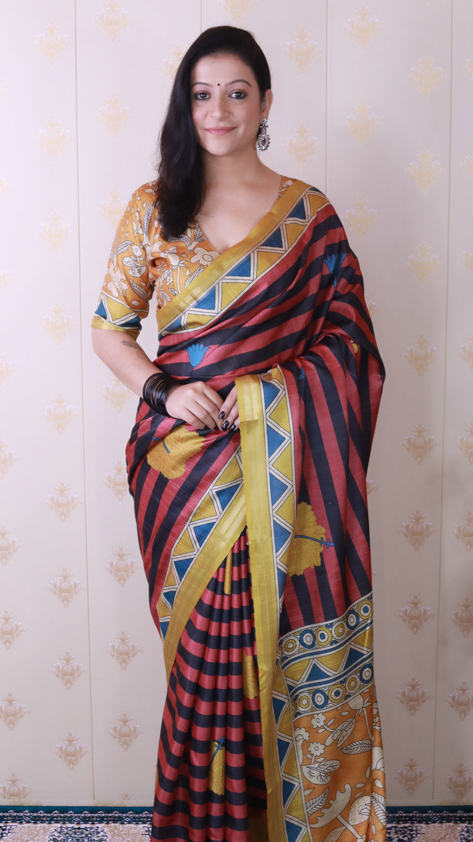 Red Soft Tussar Silk Striped Traditional Printed Zari Tussar Saree Tussar Saree Anant Tex Exports Pvt.Ltd..