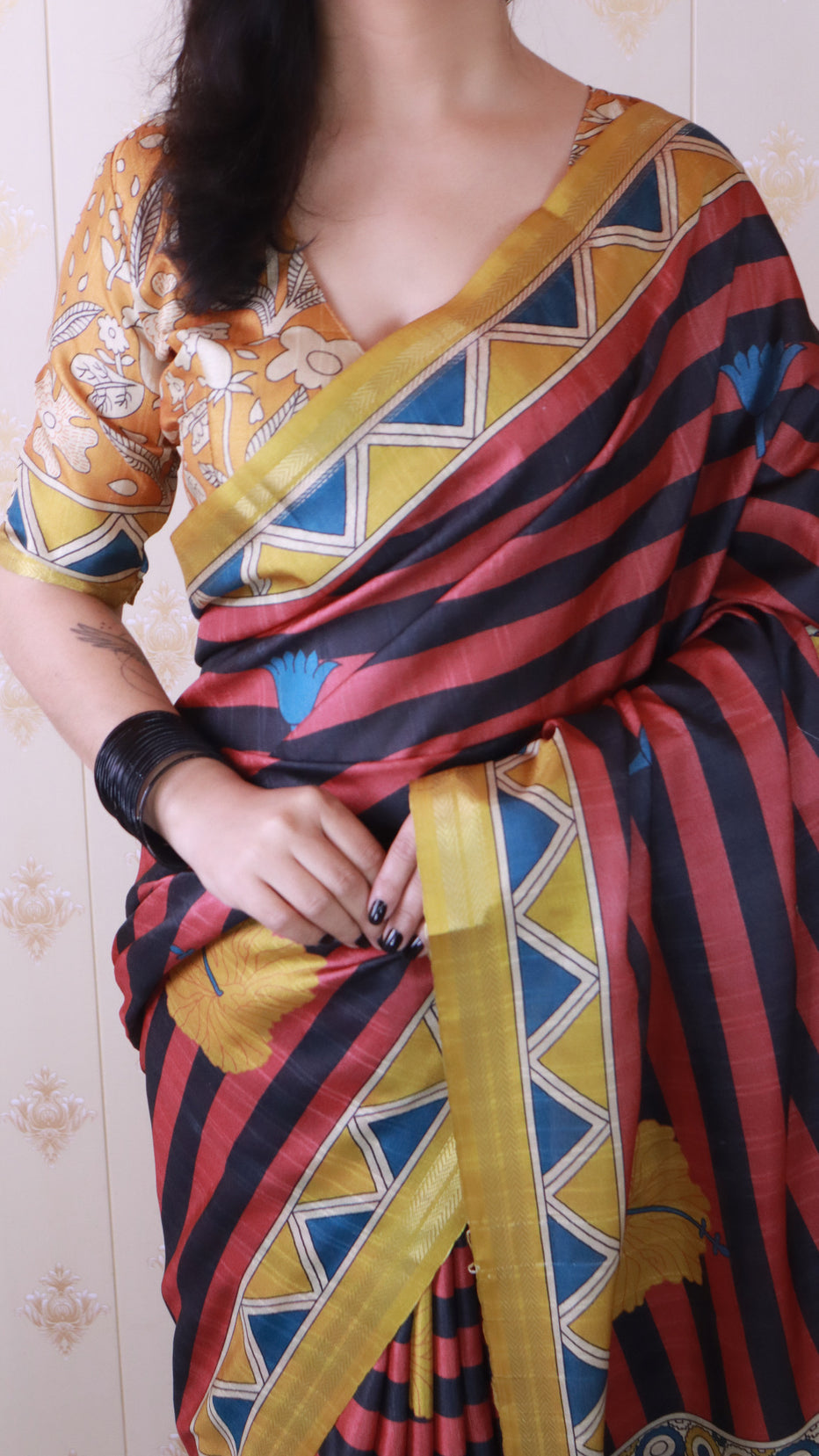 Red Soft Tussar Silk Striped Traditional Printed Zari Tussar Saree Tussar Saree Anant Tex Exports Pvt.Ltd..