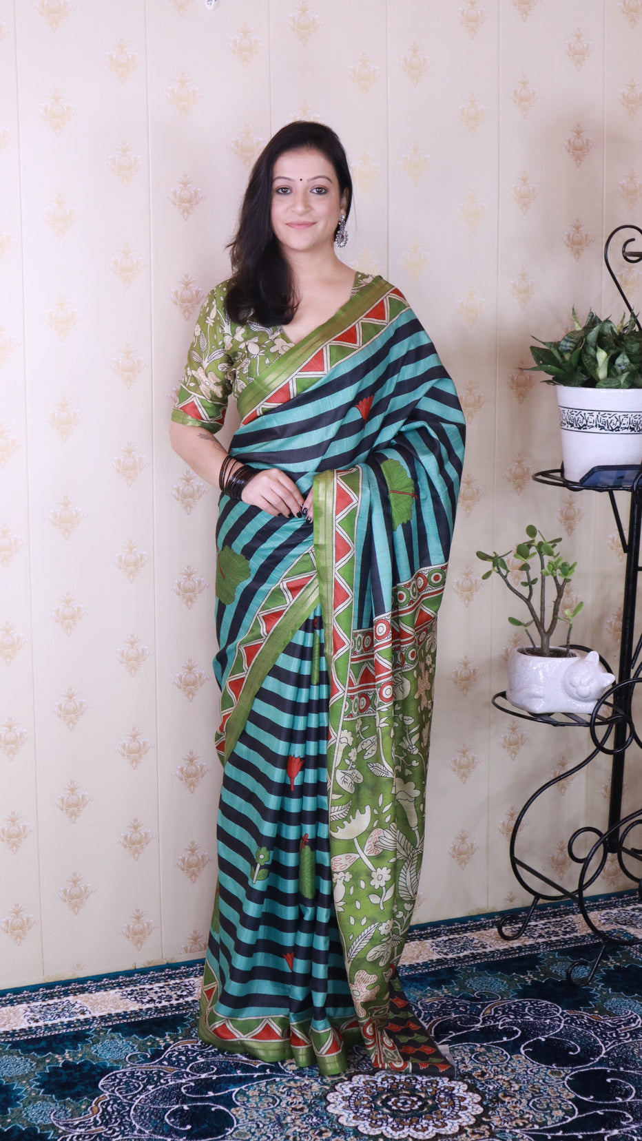 Aqua Blue Soft Tussar Silk Striped Traditional Printed Zari Tussar Saree Tussar Saree Anant Tex Exports Pvt.Ltd..