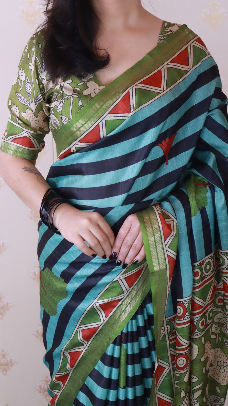 Aqua Blue Soft Tussar Silk Striped Traditional Printed Zari Tussar Saree Tussar Saree Anant Tex Exports Pvt.Ltd..