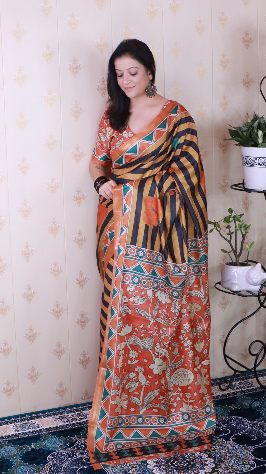 Orange Soft Tussar Silk Striped Traditional Printed Zari Tussar Saree Tussar Saree Anant Tex Exports Pvt.Ltd..