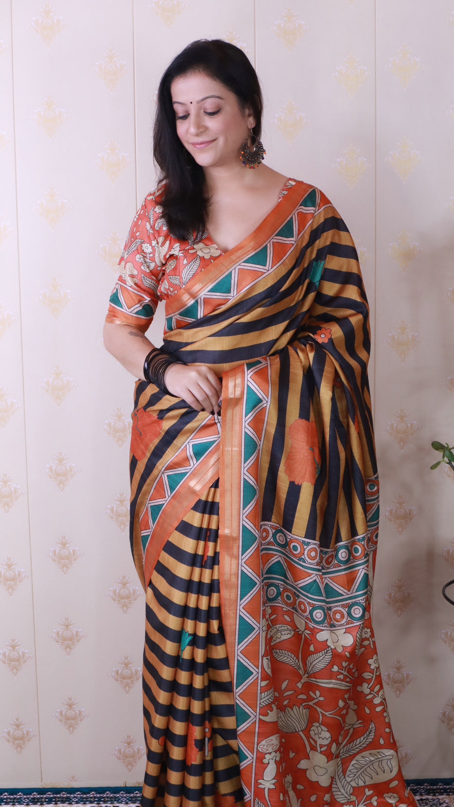 Orange Soft Tussar Silk Striped Traditional Printed Zari Tussar Saree Tussar Saree Anant Tex Exports Pvt.Ltd..