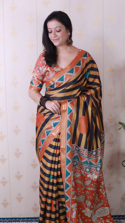 Orange Soft Tussar Silk Striped Traditional Printed Zari Tussar Saree Tussar Saree Anant Tex Exports Pvt.Ltd..