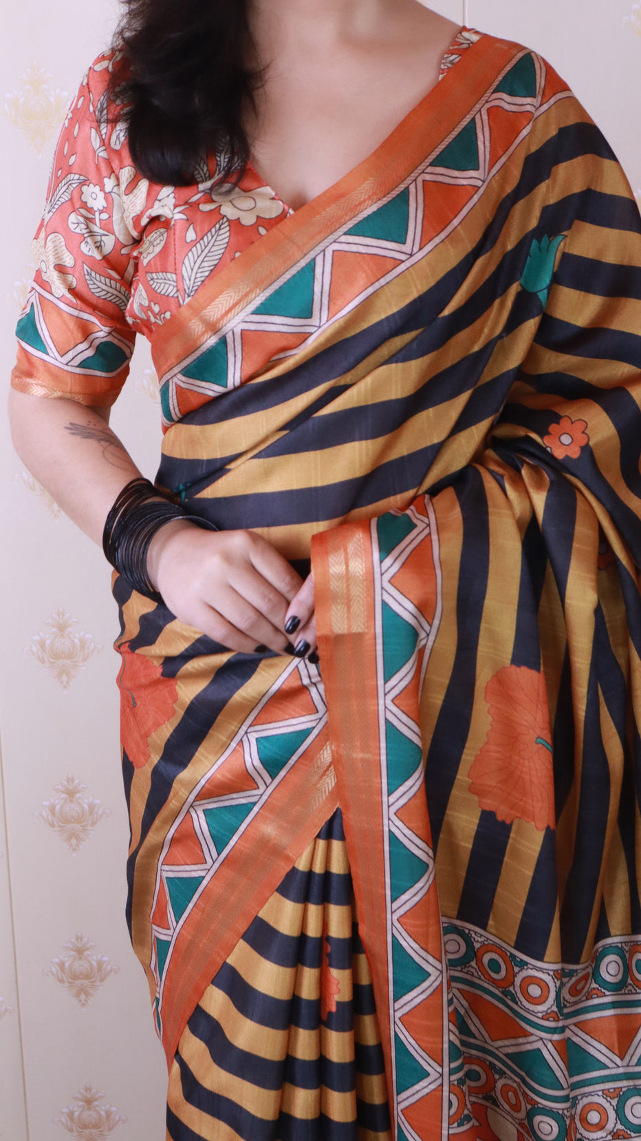 Orange Soft Tussar Silk Striped Traditional Printed Zari Tussar Saree Tussar Saree Anant Tex Exports Pvt.Ltd..