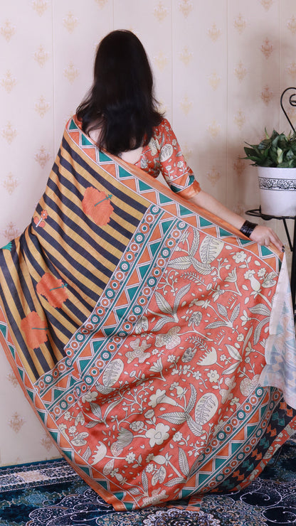 Orange Soft Tussar Silk Striped Traditional Printed Zari Tussar Saree Tussar Saree Anant Tex Exports Pvt.Ltd..