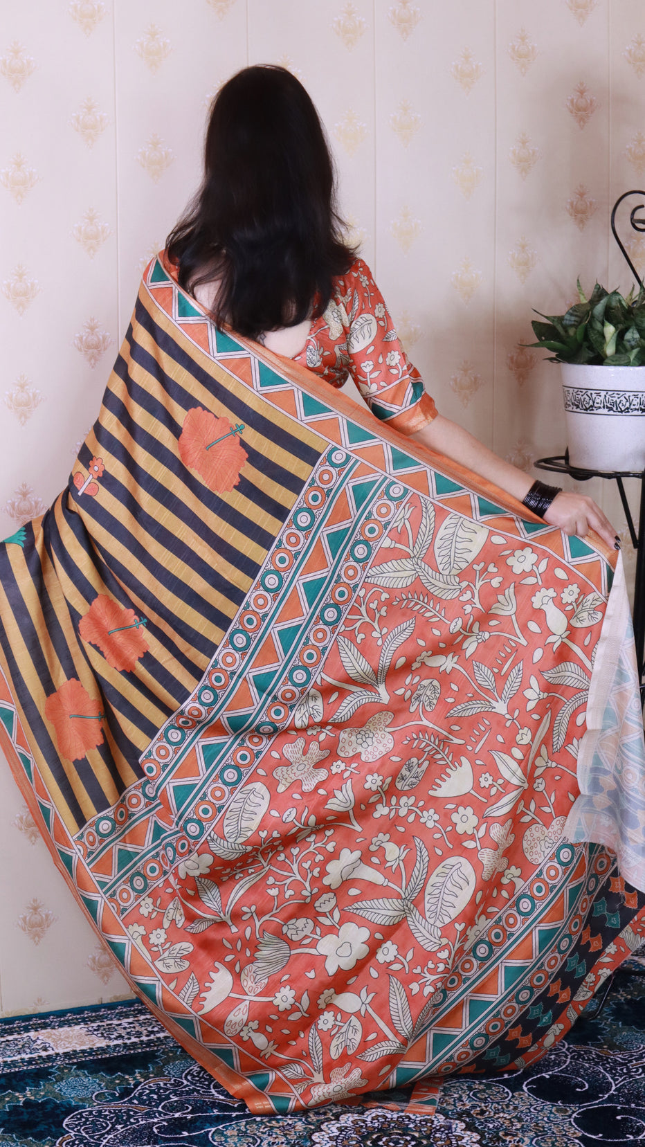 Orange Soft Tussar Silk Striped Traditional Printed Zari Tussar Saree Tussar Saree Anant Tex Exports Pvt.Ltd..