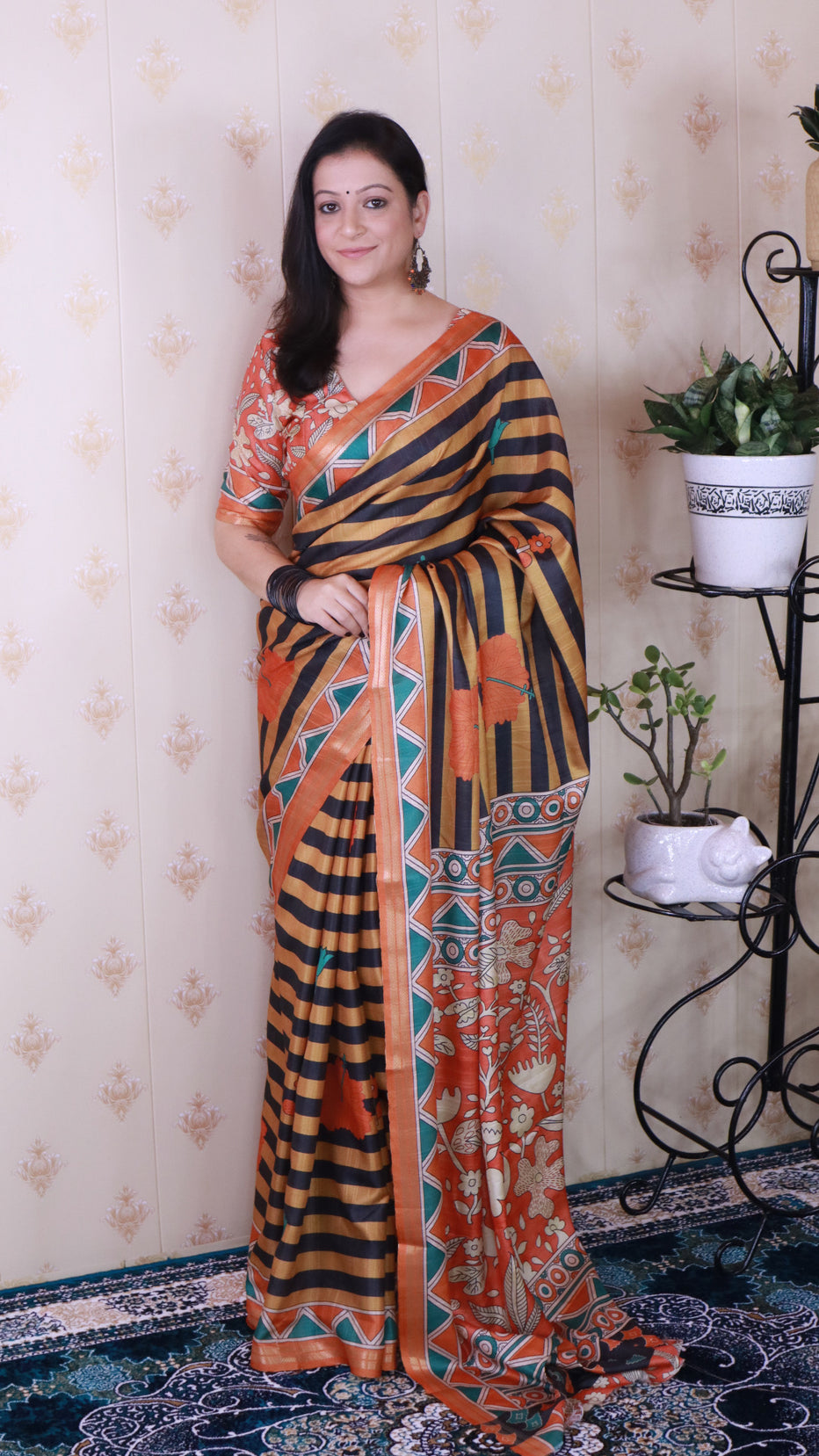 Orange Soft Tussar Silk Striped Traditional Printed Zari Tussar Saree Tussar Saree Anant Tex Exports Pvt.Ltd..