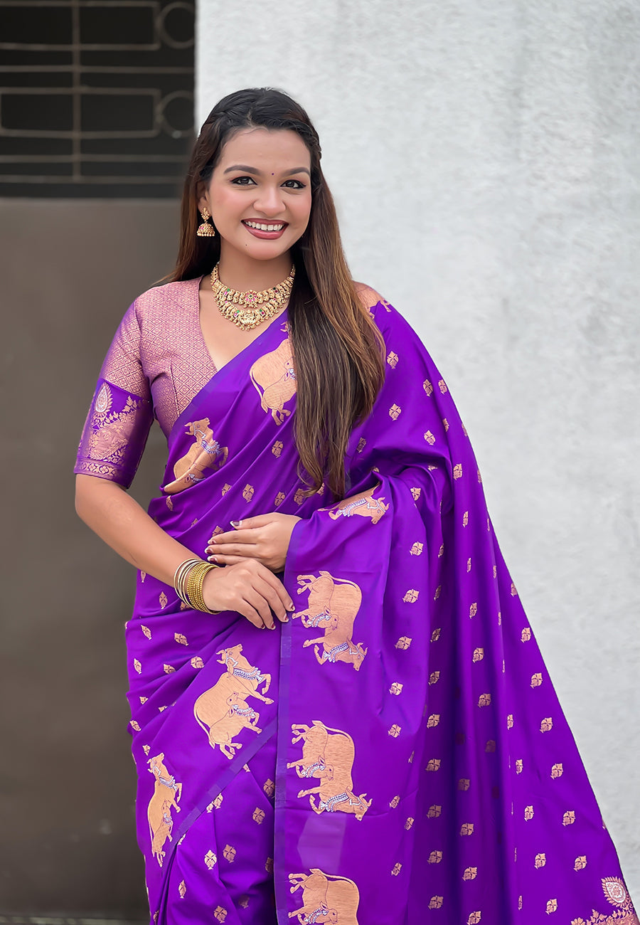 Purple Pure Soft Silk Dual Zari with Nandi Border Saree 