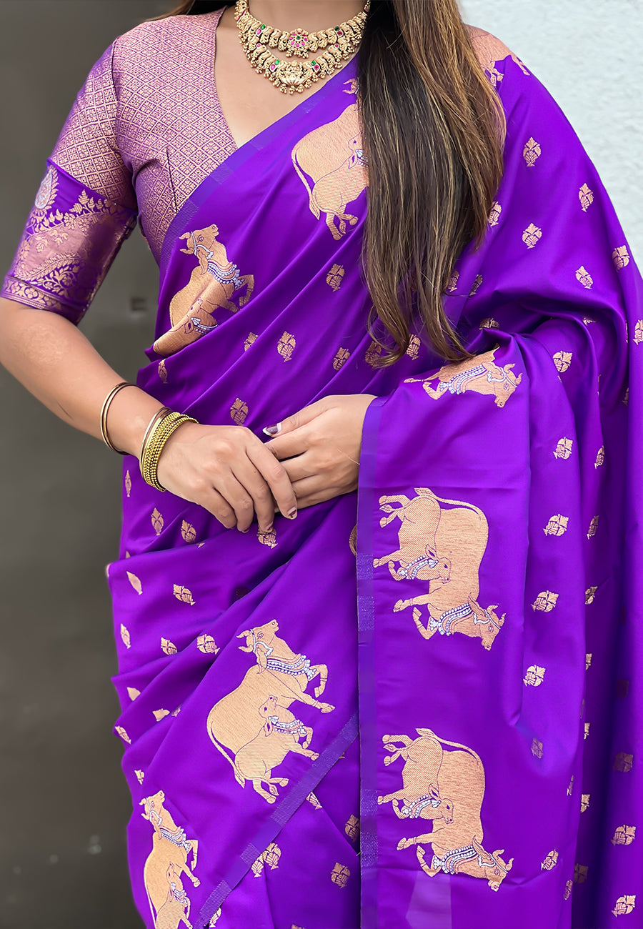 Purple Pure Soft Silk Dual Zari with Nandi Border Saree 
