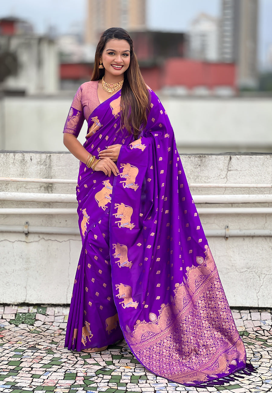 Purple Pure Soft Silk Dual Zari with Nandi Border Saree 