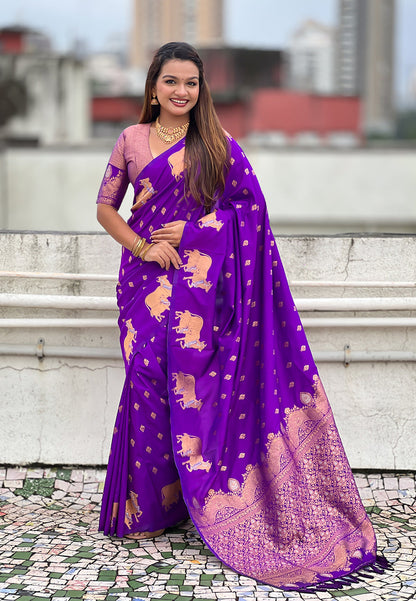 Purple Pure Soft Silk Dual Zari with Nandi Border Saree 