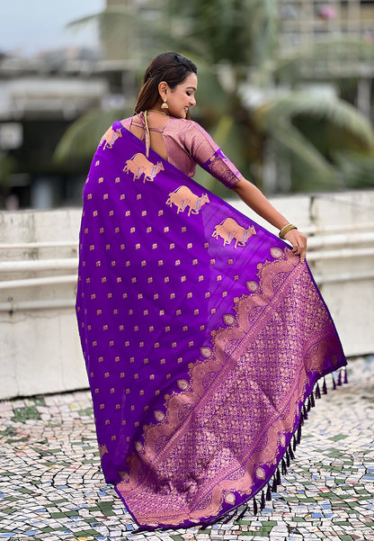 Purple Pure Soft Silk Dual Zari with Nandi Border Saree 