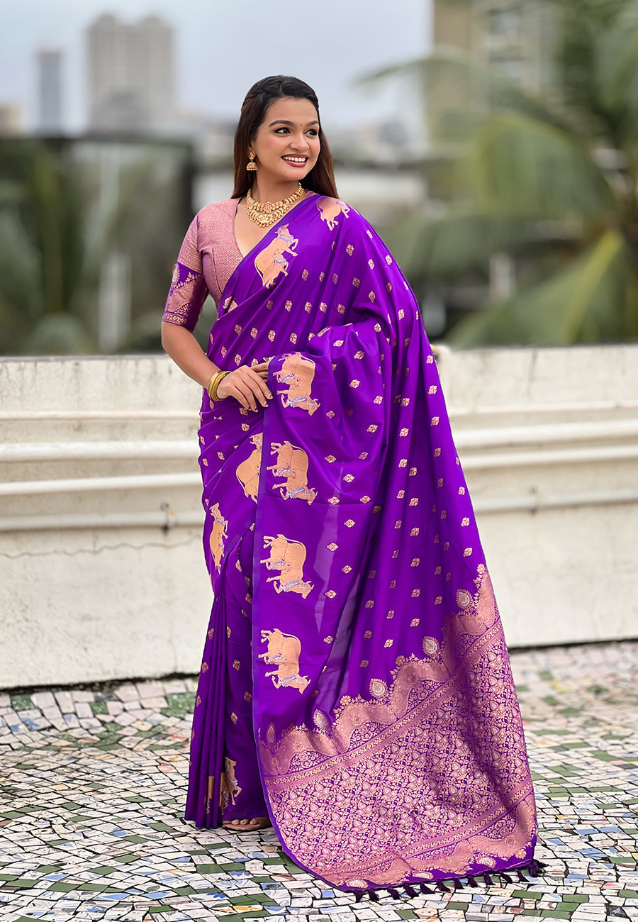 Purple Pure Soft Silk Dual Zari with Nandi Border Saree 