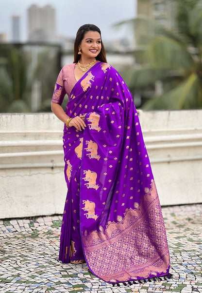 Purple Pure Soft Silk Dual Zari with Nandi Border Saree 