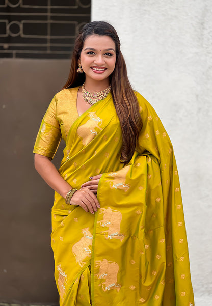 Mehendi Green Pure Soft Silk Dual Zari with Nandi Border Saree 