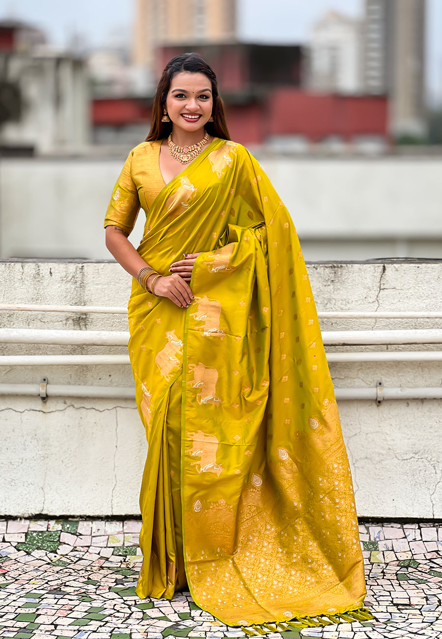 Mehendi Green Pure Soft Silk Dual Zari with Nandi Border Saree 