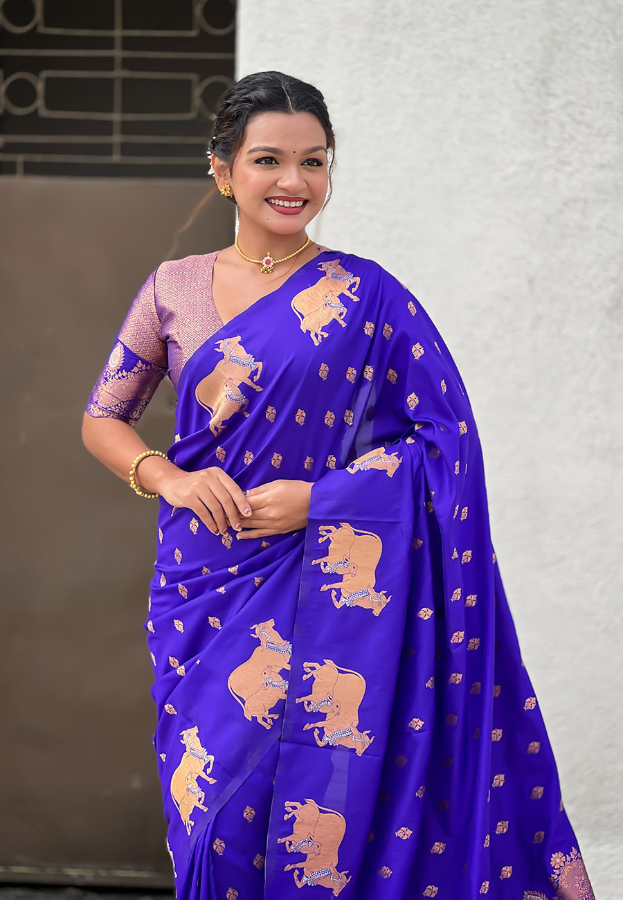 Violet Pure Soft Silk Dual Zari with Nandi Border Saree 