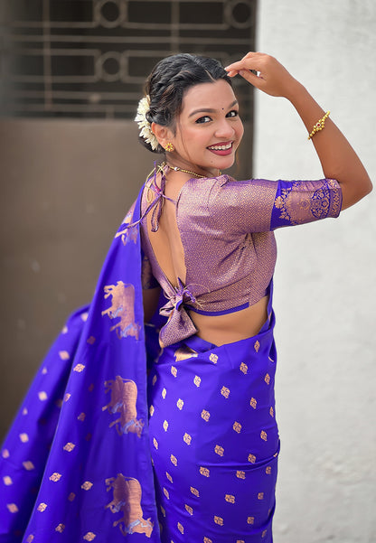 Violet Pure Soft Silk Dual Zari with Nandi Border Saree 